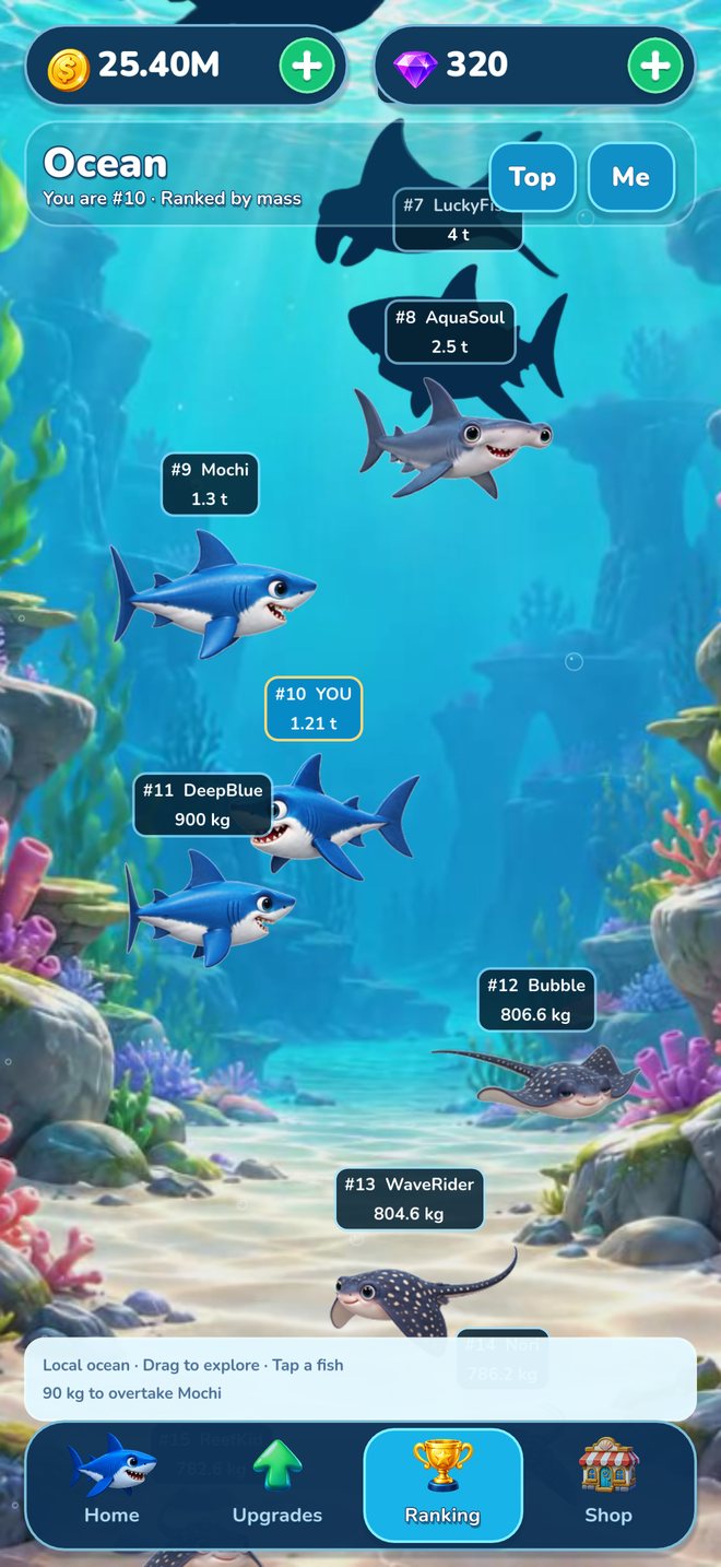 The ocean ranking: sharks swimming near your own fish, larger ones in shadow.